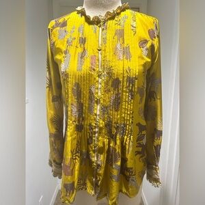 Johnny Was 100% Silk Blouse XXS Yellow Safari Animal Print Pintuck Ruffle Boho